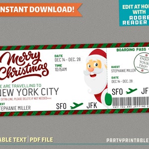 Surprise Trip Merry Christmas Boarding Pass Ticket Flight Gift Voucher Holiday Vacation Instant Download Edit and print at home image 1