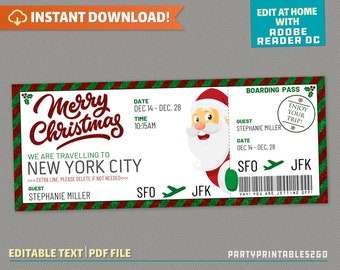 Voyage Surprise Merry Christmas Boarding Pass - Billet Vol - Chèque Cadeau | Vacances de vacances - Téléchargement instantané ! - Modifier et imprimer à la maison