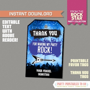 Rockstar Party Favor Tags / Rockstar Thank you Tag - Rockstar Birthday - Karaoke Party - INSTANT DOWNLOAD Edit at home with Adobe Reader