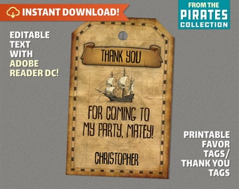 Pirate Party Favor Tag / Pirate Thank you Tag - Pirate Birthday - Pirate Party Decor - Thuis bewerken en afdrukken met Adobe Reader DC