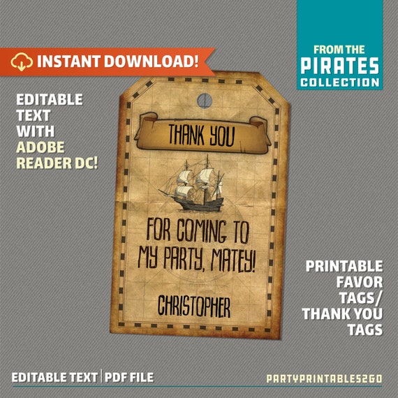 Pirate Party Favor Tag / Pirate Thank you Tag - Pirate Birthday - Pirate Party Decor - Edit and print at home with Adobe Reader DC Il_570xn