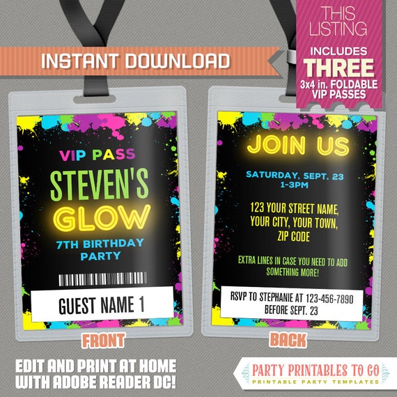 Neon Glow Party VIP Pass Invitations - Neon Glow Party Vip Pass - Glow in the Dark Party - Edit and print at home with Adobe Reader! Il_570xn