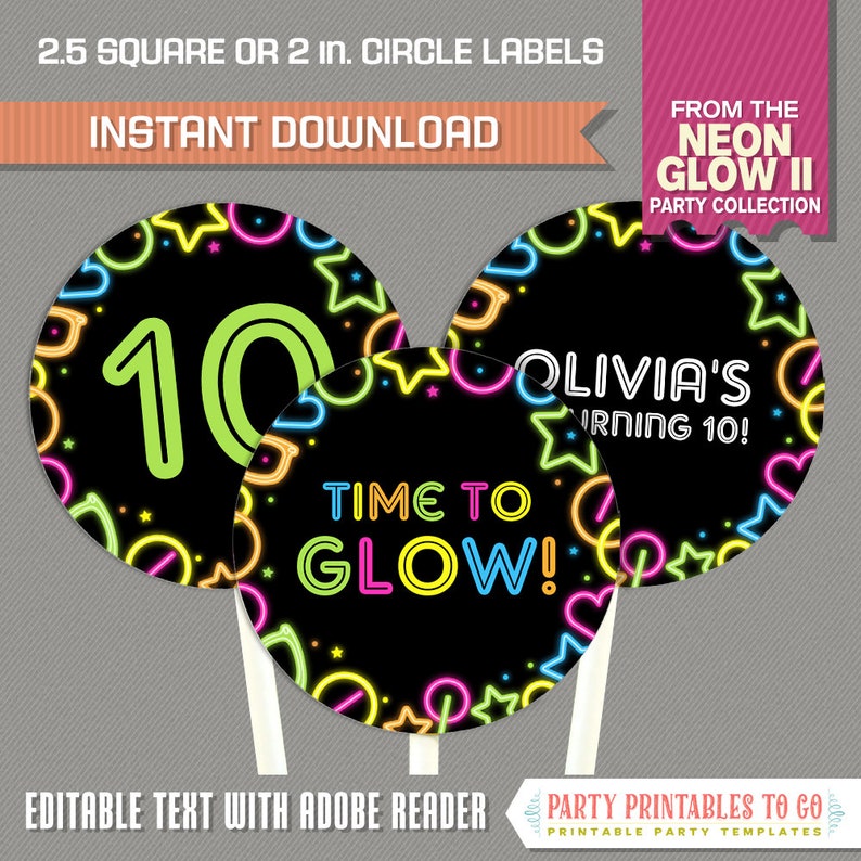 Neon Glow II Party Cupcake Toppers INSTANT DOWLOAD Neon Etsy