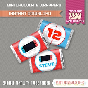 Video Game Party Mini Chocolate Wrappers (Red) - INSTANT DOWNLOAD - Video Game Wrappers - Edit and print at home with Adobe Reader