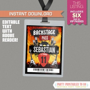 Rockstar Party Backstage Pass printable Insert - Rockstar Birthday VIP Pass - INSTANT DOWNLOAD! - Edit and print at home with Adobe Reader