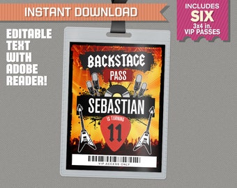 Rockstar Party Backstage Pass printable Insert - Rockstar Birthday VIP Pass - INSTANT DOWNLOAD! - Edit and print at home with Adobe Reader