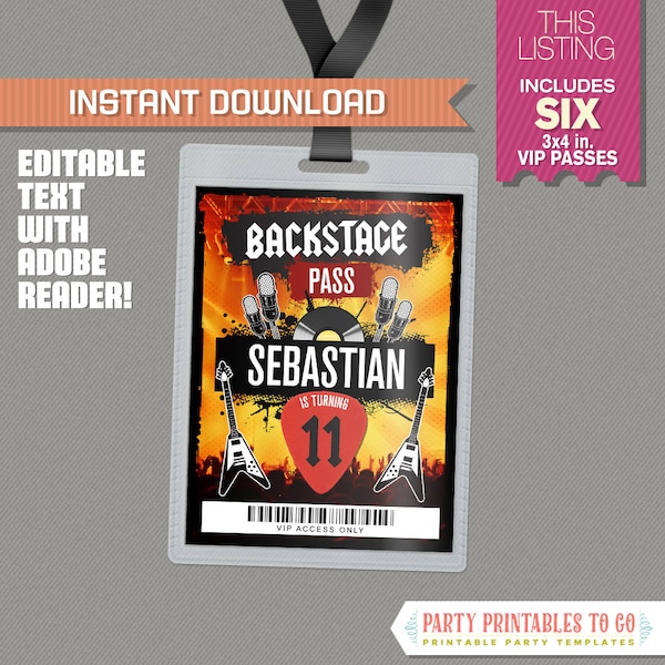 Rockstar Party Backstage Pass printable Insert - Rockstar Birthday VIP Pass - INSTANT DOWNLOAD! - Edit and print at home with Adobe Reader