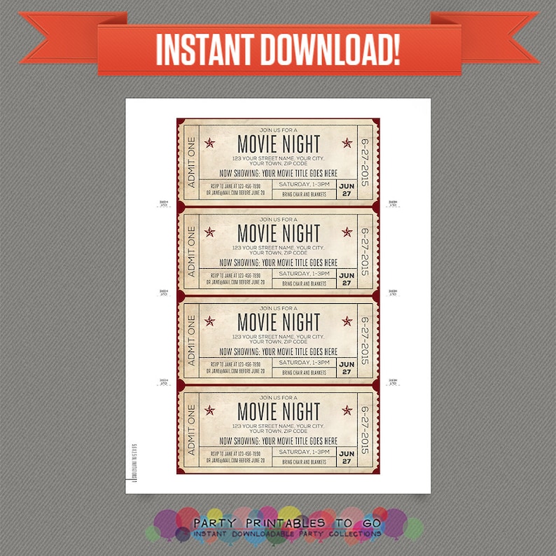 movie night invitation with free admission tickets movie etsy