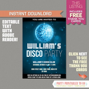 Invitation à une soirée disco avec carte de remerciement GRATUITE - TÉLÉCHARGEMENT INSTANTANÉ - Anniversaire Disco - Soirée dansante - Modifier et imprimer à la maison avec Adobe Reader