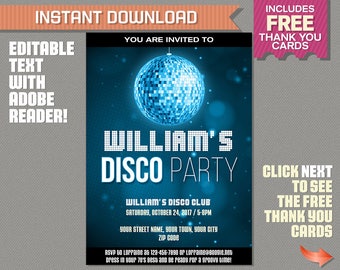 Disco Party Invitation with FREE Thank you Card - INSTANT DOWNLOAD - Disco Birthday - Dance Party - Edit and print at home with Adobe Reader