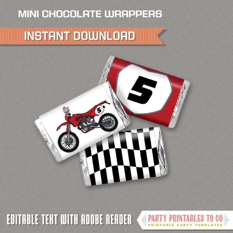 Dirt Bike Party Mini Chocolate Wrappers INSTANT DOWNLOAD Motocross Birthday Edit and print at home with Adobe Reader image 1
