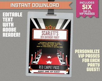 Inserto imprimible del Red Carpet Party Pass - Cumpleaños de la alfombra roja, Pase Vip de la fiesta de la alfombra roja - ¡Edite e imprima en casa con Adobe Reader!