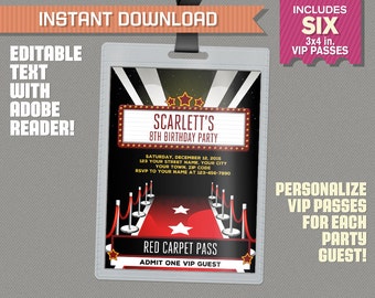 Red Carpet Party Pass printable Insert - Red Carpet Birthday, Red Carpet Party Vip Pass - Edit and print at home with Adobe Reader!