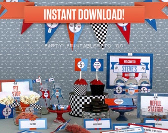 Race Car Birthday Party Printable Collection & Invitation - Editable PDF file - Print at home