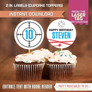 Laser Tag Party Cupcake Toppers (Ink Saver) - INSTANT DOWLOAD - Laser Tag Circle Labels - Laser Tag Party - Edit and print at home