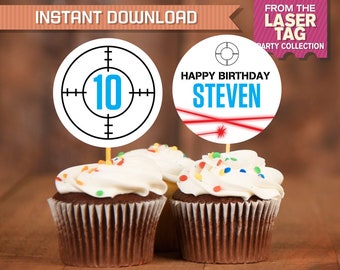 Laser Tag Party Cupcake Toppers (Ink Saver) - INSTANT DOWLOAD - Laser Tag Circle Labels - Laser Tag Party - Edit and print at home