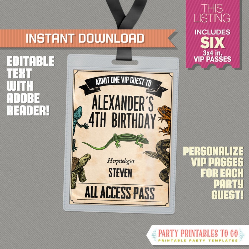Reptile Party Pass Printable Insert Reptile Party Vip Pass Etsy