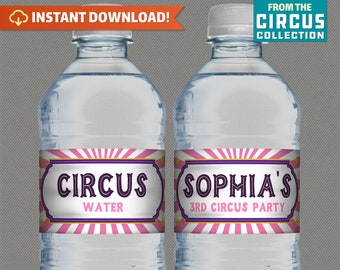 Circus Carnival Party Water Bottle Labels or Napkin Rings - Edit and print at home with Adobe Reader - Instant Download