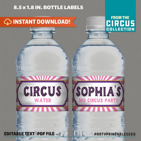 Circus Carnival Party Water Bottle Labels or Napkin Rings - Edit and print at home with Adobe Reader - Instant Download Il_570xn