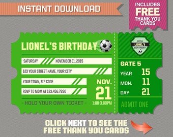 Soccer Ticket Invitation with FREE Thank you Card! - Soccer Birthday, Soccer Party Invitation - Edit and print with Adobe Reader