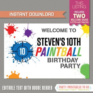 Paintball Party Welcome Sign - Letter and Tabloid sizes - Paintball Birthday - INSTANT DOWNLOAD - Edit and print at home with Adobe Reader