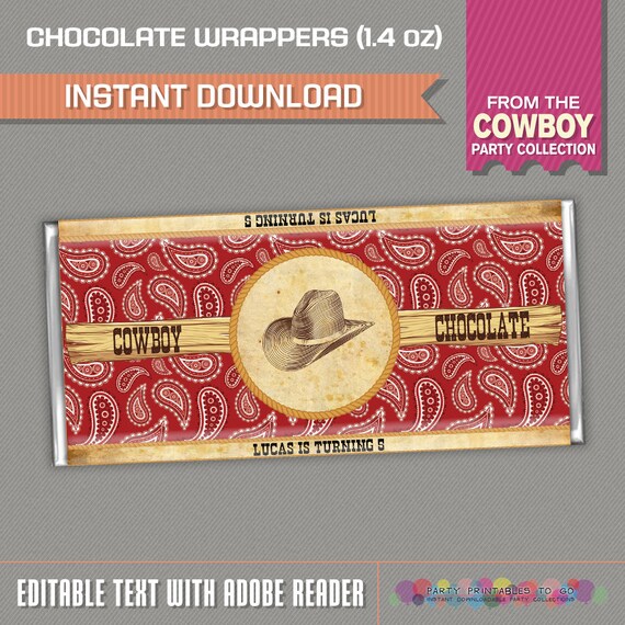 Cowboy Party Standard size Chocolate Wrappers - Cowboy Birthday - INSTANT DOWNLOAD - Edit and print at home with Adobe Reader Il_570xn