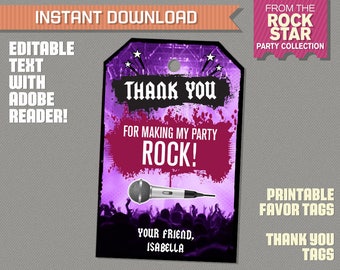 Rockstar Party Favor Tags / Rockstar Thank you Tag (Purple)  Rockstar Birthday - Karaoke Party - Edit at home with Adobe Reader