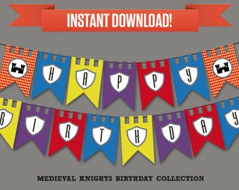 Medieval Knights Party Printable Birthday Banner with Spacers - Editable PDF file - Print at home