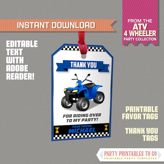 Atv Party Favor Atv Thank You 4 Wheeler Birthday Etsy