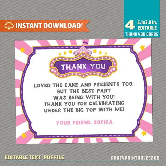 Circus Thank you Cards - Carnival Cards - Carnival Party - Circus Party Decor - Circus Birthday - INSTANT DOWNLOAD - Edit and print at home Il_570xn