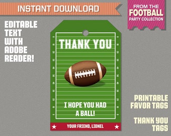 Football Party Favor Tag / Football Thank you Tag - Football Birthday - Football Party - Edit and print at home with Adobe Reader