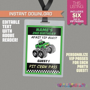 Monster Truck Party VIP Guest Pass printable Insert - Instant Download - Monster Truck Birthday - Edit and print at home with Adobe Reader!