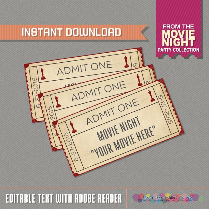 Movie Night Admission Tickets Movie Night Party Movie Night Birthday Movie Ticket Edit and print at home with Adobe Reader image 1