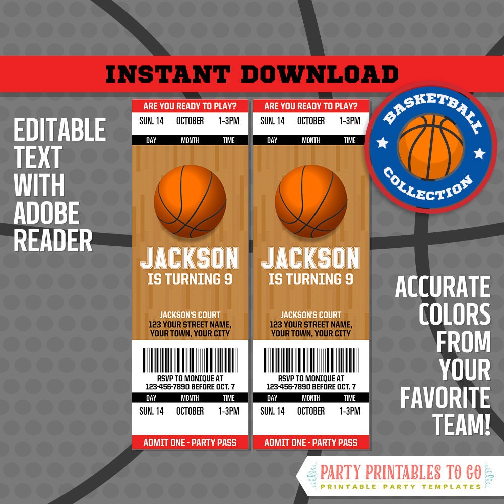 Basketball Ticket Invitation FREE Thank You Card red and - Etsy