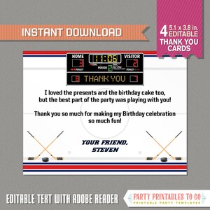 Ice Hockey Thank You Card - (Red and Blue) INSTANT DOWNLOAD - Ice Hockey Party - Edit and print at home using Adobe Reader