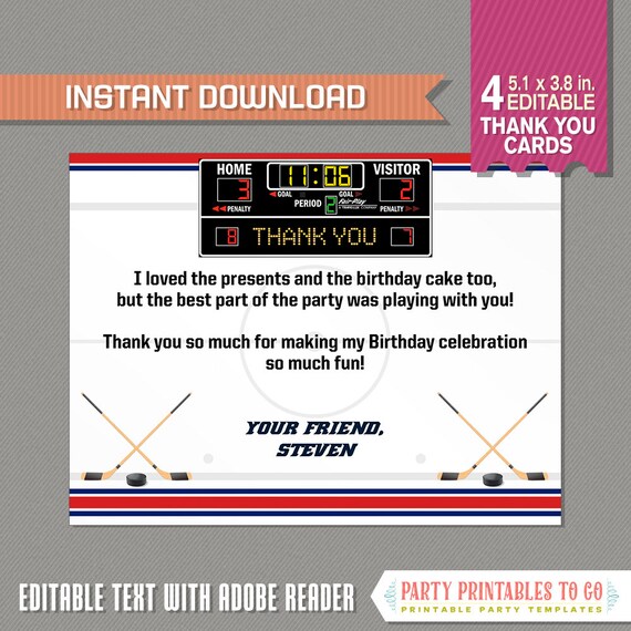 Ice Hockey Thank You Card - (Red and Blue) INSTANT DOWNLOAD - Ice Hockey Party - Edit and print at home using Adobe Reader Il_570xn