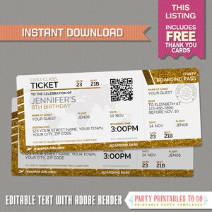Vliegtuiginstapkaart met GRATIS bedankkaart (Glitter Gold) - Sleepover-uitnodiging - INSTANT DOWNLOAD - Thuis bewerken en afdrukken