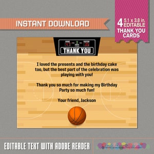 Carte de remerciement de basket-ball - Fête de basket-ball - Anniversaire de basket-ball - Téléchargement instantané - Modifier et imprimer à la maison à l'aide d'Adobe Reader