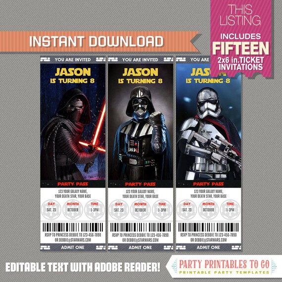 Star Wars Ticket Invitations - Star Wars Birthday - Star Wars Party - INSTANT DOWNLOAD - Edit and print at home with Adobe Reader Il_570xn