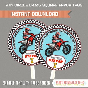 Dirt Bike Party Favor Tags (Red) - Motocross Birthday Party - INSTANT DOWLOAD - Edit and print at home with Adobe Reader