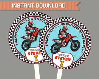 Dirt Bike Party Favor Tags (Red) - Motocross Birthday Party - INSTANT DOWLOAD - Edit and print at home with Adobe Reader