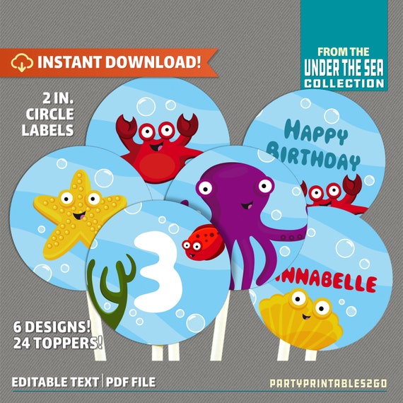 Under The Sea Party Cupcake Toppers / Under The Sea Labels - Under the Sea Birthday Decor - Edit and print at home with Adobe Reader DC Il_570xn