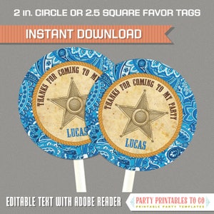 Cowboy Party Favor Tags (Blue) INSTANT DOWNLOAD - Cowboy Birthday - Cowboy Decoration - Edit and print at home with Adobe Reader