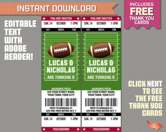 Football Ticket Invitation TWINS with FREE Thank you Card! - Football Birthday, Football Party Invitation - Edit and print with Adobe Reader