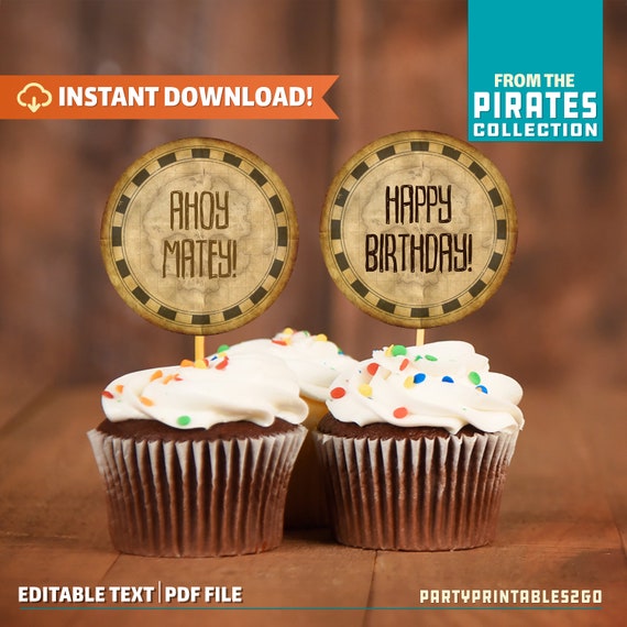 Pirates Party Cupcake Toppers - Pirate Party - Pirate Birthday Decor - Instant Download! - Edit and print with Adobe Reader DC Il_570xn