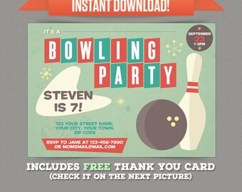 Vintage Bowling Birthday Party Printable Invitation with FREE Thank you Card - Editable PDF files - Print at home