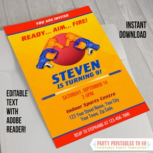 Nerf and Dodgeball Party Invitation (Blue and Orange) - INSTANT DOWNLOAD - Nerf War Birthday Party - Edit and print with Adobe Reader