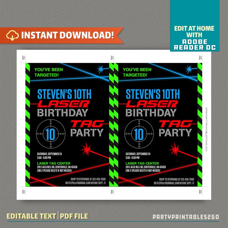 Laser Tag Invitation with FREE Thank you Card Green Laser Tag Party Instant Download Edit and print at home with Adobe Reader image 3