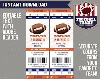 Football Ticket Invitation Template (Orange and Navy) - INSTANT DOWNLOAD - Football Birthday Party - Edit and print with Adobe Reader