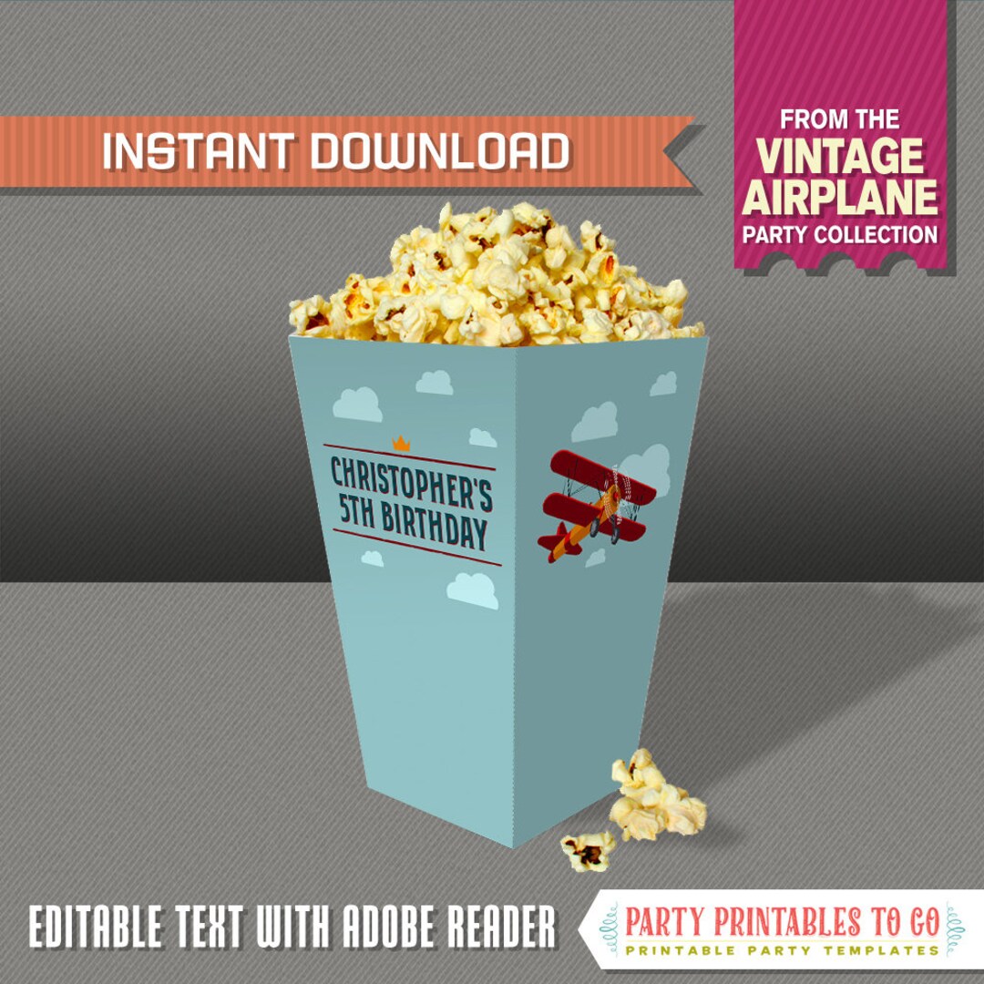 Airplane Party Popcorn Box INSTANT DOWNLOAD Airplane Etsy
